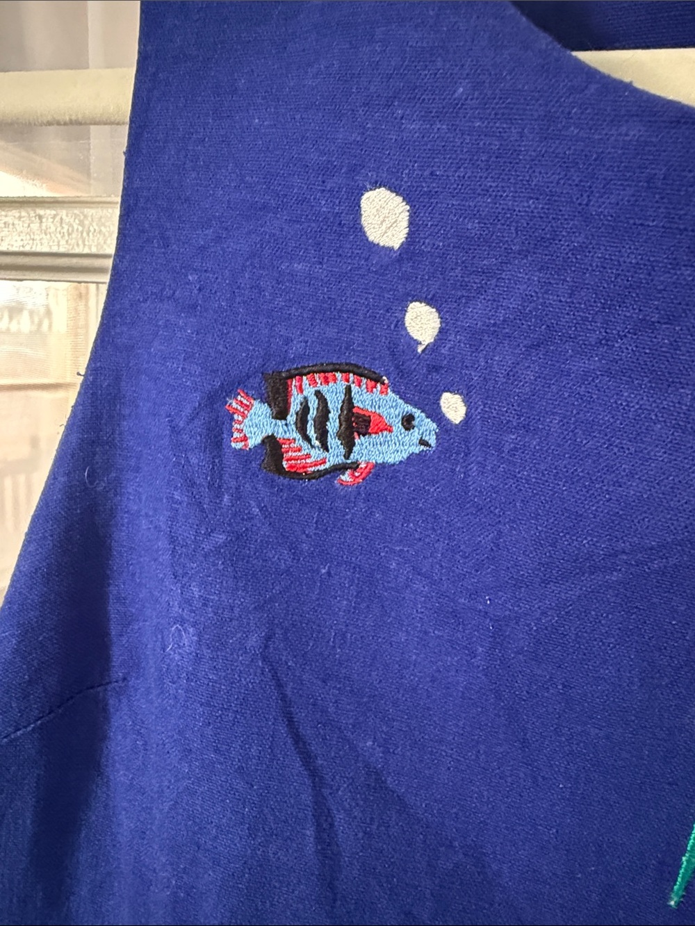 Vintage Royal Blue Embroidered Fish Linen Blend Shift Dress Size 6 - Picture 3 of 8